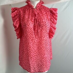 Cezele pink and red heart print ruffle neck and sleeve blouse